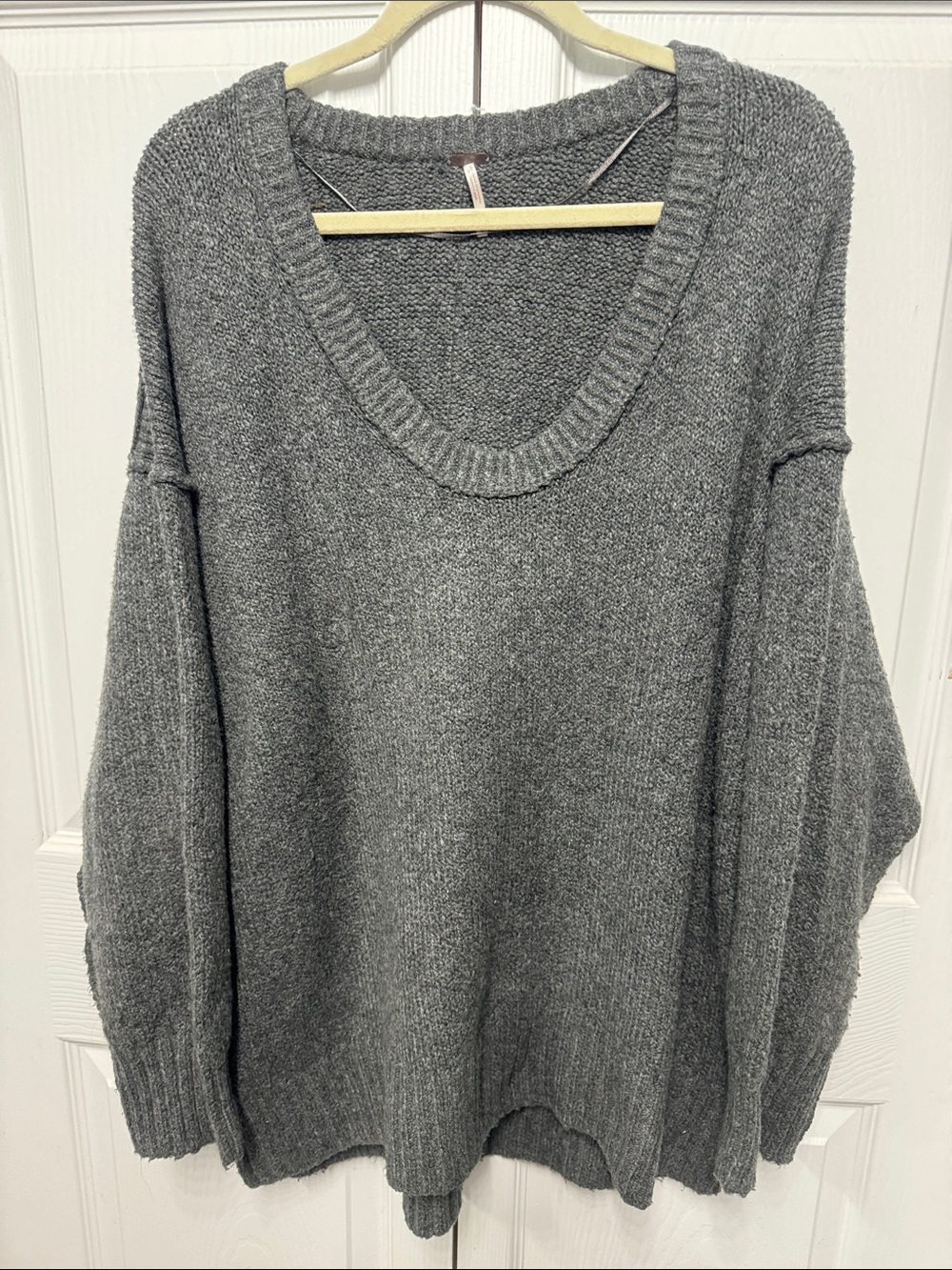 Free People Gray V-Neck Oversized Knit Sweater